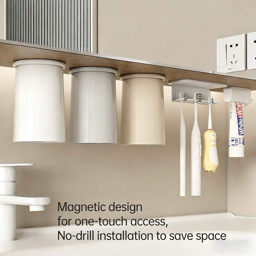 Wall-Mounted No-Drill Magnetic Bathroom Storage Rack, Integrated Toothbrush Razor Toothpaste Mouthwash Combination Organizer, Home Bathroom Sink Tidy Storage Solution - Multicolor - View 1