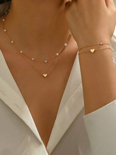 3 piezas Conjunto de joyería de perlas falsas, que incluye collar y pulsera, adecuado para citas, vacaciones y uso diario de mujeres, minimalista y casual, también un accesorio ideal para el Día de San Valentín. [Longitud de la cadena hecha a mano personalizada, cantidad de cuentas no fija]