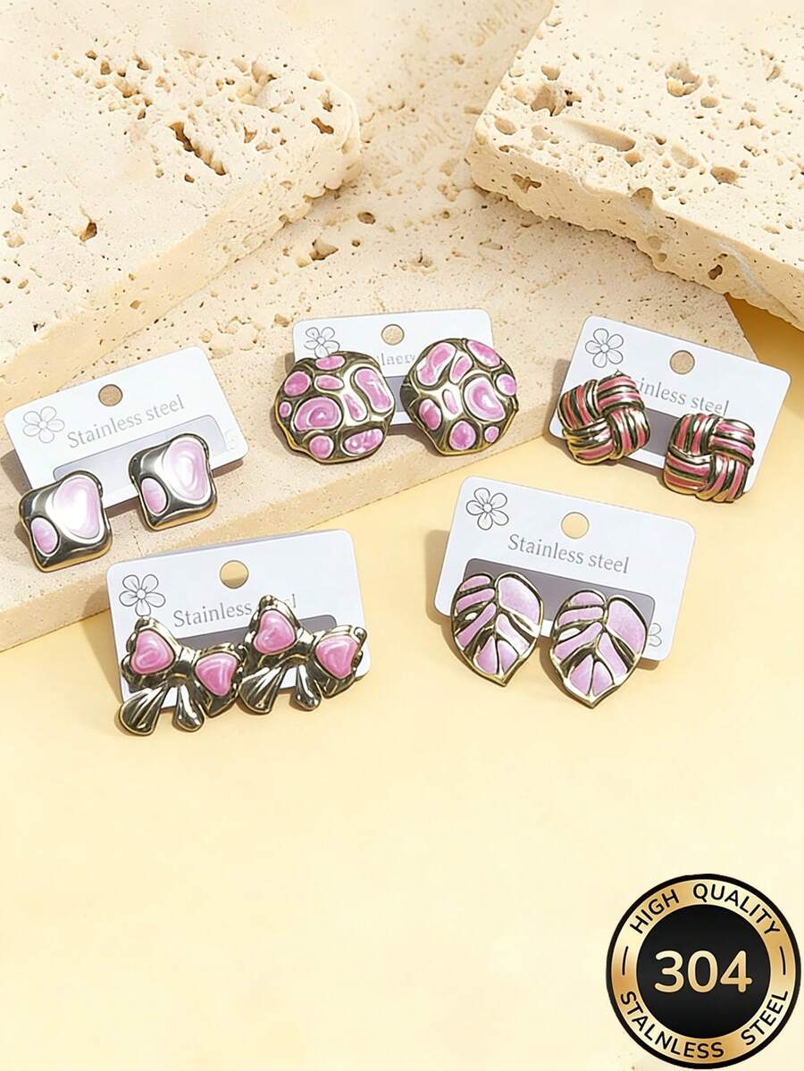 Pendientes de mujer de acero inoxidable - Diseño geométrico de flor, lazo y piedra, hipoalergénicos, resistentes a la decoloración, antioxidantes, joyería minimalista elegante para uso diario, fiestas, regalos, cumpleaños y festividades - Multicolor - Ver 1
