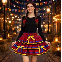 Junior/Adult June Festival Skirt, Country Style Checkered, Round, Square Dance, Saint John's Day, Ruffled, Printed - 火焰紅 - 查看 3