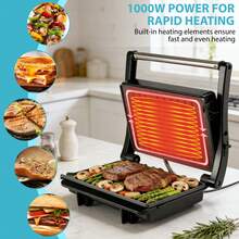 Breakfast Machine, Panini And Waffle Press, Non-Stick Coating, Dual-Sided Heating, 180° Opening, Suitable For Grilling And Toasting - Black - View 6