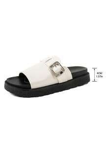 Women's Solid Color Sandals, Metal Buckle One-Strap Slides, Platform Thick Sole Slippers, Fashion Flip Flops, Comfortable Non-Slip, Versatile Beach Sandals, Suitable For Daily Wear - White - View 7