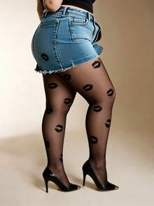 1 Pair Plus Size Black Sheer Stockings With Sexy Black Lip Print Pattern, Suitable For Daily Wear - Black Lips - View 3