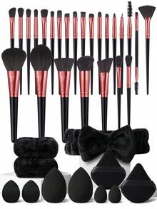Bộ dụng cụ trang điểm 36 món bao gồm: Bộ 25 cọ trang điểm + 2 bông mút trang điểm + 2 bông mút trang điểm mini + 2 bông phấn tam giác + 2 bông phấn dạng cushion mini + 2 dây đeo bát đựng phấn + 1 băng đô cài tóc - Nhiều màu - Xem 1