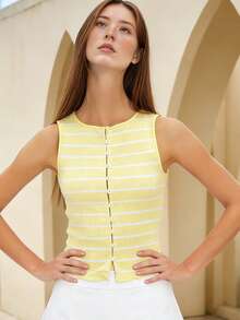 Camisetas sin mangas con estampado de rayas para mujer, modernas, sin mangas, con cuello redondo y botones, de corte ajustado. - Amarillo claro - Ver 2