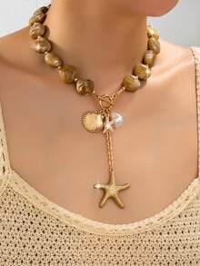 1pc Acrylic Bead Chain Necklace With Shell & Starfish Pendants, Ocean Vacation Style Suitable For Women's Daily And Beach Outfit, Summer - Multicolor - View 1
