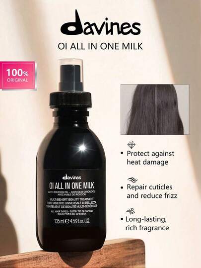 Davines OI ALL IN ONE MILK, Milky Lotion Texture, Lightweight Non-Greasy, Nourishing & Repairing, Smoothing & Shining, Frizz Control, Long-Lasting, Heat Protectant, For All Hair Types, For Women Daily Use, For Beginner, K-Beauty, Korean Makeup, GIFT, 135ml/4.56fl.Oz