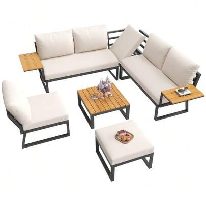 L-Shaped Garden Set With Wooden Armrests / Weatherproof Corner Sofa And Iron Chaise Longue / Includes A Wooden Table, Armchair And Footstool (7 Seats) / Cushions Included / Grey/Beige