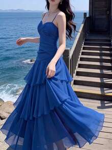 Elegant Asymmetric Ruffle Strap Dress, Fashion Versatile, Suitable For Women, Minimalist Spaghetti Strap Design, Suitable For Party, Prom, Evening, Birthday, Wedding, Back To School And Other Occasions, Dignified And Slim-Fitting Style Summer - Navy Blue - View 3