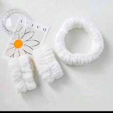 3pcs Set: Plush Absorbent Headband And Wrist Protector, Suitable For Face Washing, Skincare, Bathroom. Colors: Pink, White, Gray. The Wrist Protector Helps Keep The Wrists Dry During Face Washing. - FC64 Headband Set - View 9