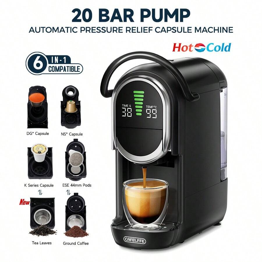CAFELFFE 6-In-1 Capsule Coffee Machine|20 BAR|Hot & Cold Brewing|Compatible With D*|N*|K* Capsules|ESE|Ground Coffee|Tea|Automatic Pressure Release|Electromagnetic Valve|Visual LCD Panel|7-Level Water Adjustment|600ml Removable Water Tank - Black - View 1