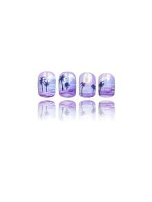 24 Pieces Of Zixia Coconut Tree Nail Art Sheets, Short Square Artificial Nails, Featuring The "Zixia Sunset Beach Style", With A Gradient Purple Base Combined With Black Coconut Tree Silhouettes, Clouds And Sun And Moon Patterns. Glossy Finish, Short Nails, Summer Nails, Nail Care Products, Suitable For Women For Summer Beach Vacations, Daily Commutes, Party Dates, Music Festivals, And Also As A Sweet Gift For Relatives And Friends. - Lilac Purple - View 3