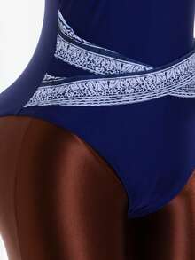 高品质纯蓝色休闲浪漫沙滩度假连体泳衣（女款） - 藏蓝色 - 查看 5