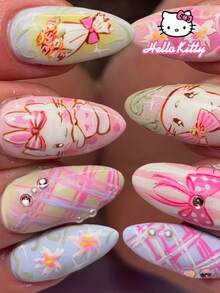 SANRIO 24pcs Y2K Style Colorful Fake Nails For Women, Includes Bow, Flower, Pearl And Rhinestone Decorations, Suitable For Valentine's Day, Parties, Comes With 1 Bottle Of Glue And 1 Nail File - Multicolor - View 2