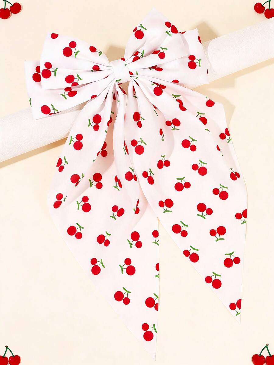 1pc Red Cherry Bow Hair Clips For Girls, Elegant Ribbon Long Tie Hair Bows,White Fruit Hairpin, Cute Hair Accessories For Girls Party Daily Gifts - Multicolor - View 1
