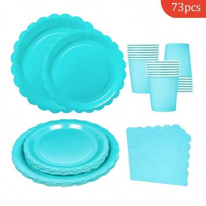 Light Blue Petal Shaped Disposable Plates, Napkins, Cups - One-Time Party Supplies Set, Suitable For 16 Guests, Disposable Paper Plates Party Tableware For Birthday, Wedding, Theme Party, Family Picnic