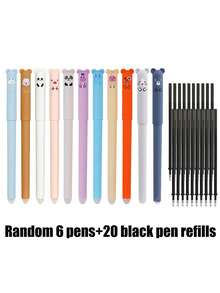26pcs Bear Shaped Erasable Pens Set, Assorted Styles, 6pcs Pens + 20pcs Refills, 0.5mm Fine Tip, Colorful Ink, Built-In Eraser, Ideal For Note-Taking, Writing, Office & School Supplies, Great Gift - Multicolor - View 10