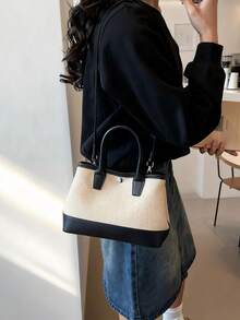 Classic Minimalist Color Block Women's Handbag, Rivet Shoulder Crossbody Bag, French Retro Canvas Tote Bag, Fashionable Patchwork Fabric Bag, Suitable For Daily Commute, Shopping, Dating, Versatile - Multicolor - View 7