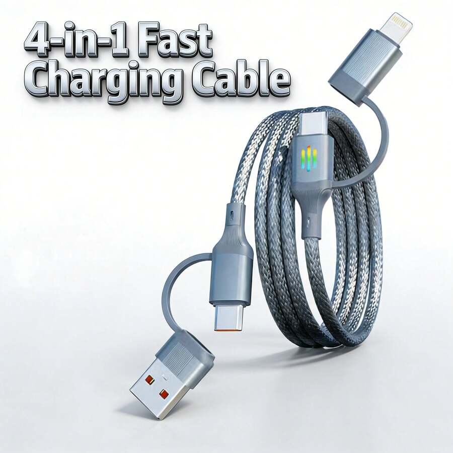 四合一编织数据线，高速数据传输和快速充电适配器，兼容 17/16 Pro Max/16 Pro/16 Plus/16/15/14/13/12/11/XS/XR/8/7/6、S26/S25/S24/S23/S22/S21 Ultra Plus 等机型 - 灰色 - 查看 1