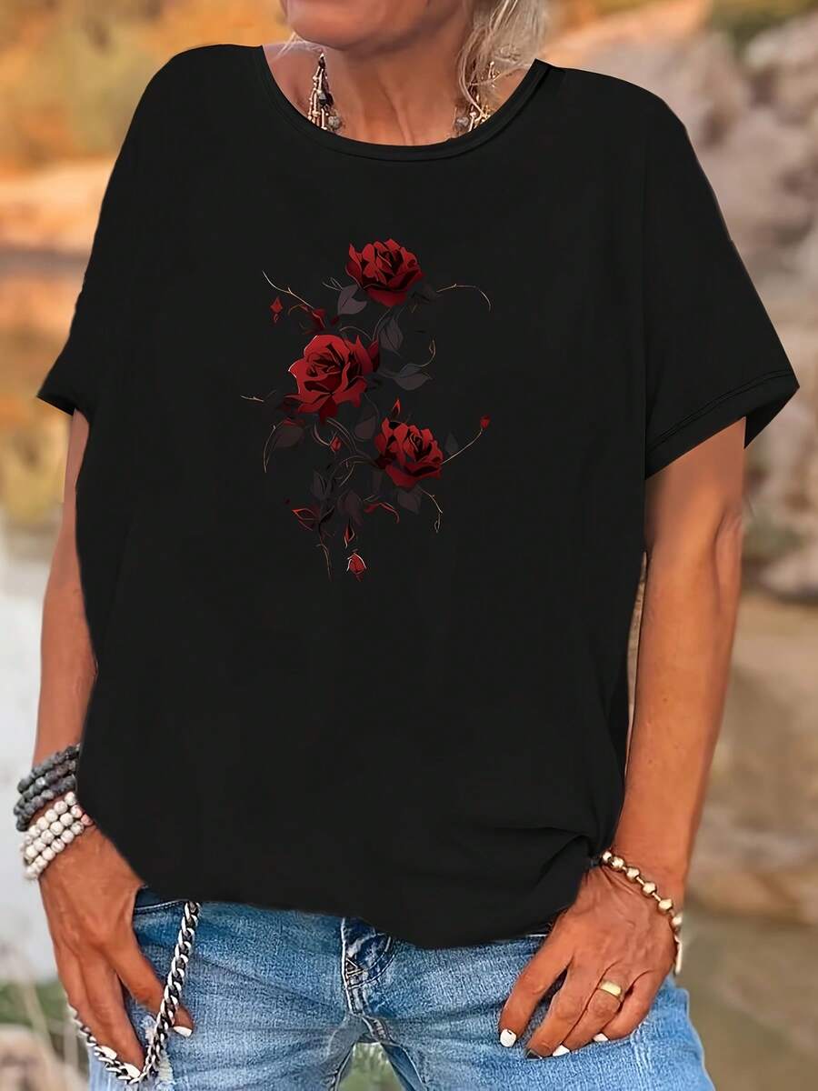 Blusas femininas de verão Plus Size - Tamanhos grandes - Camiseta feminina plus size com estampa de rosas, gola redonda, tamanhos 0XL a 8XL, em algodão. - Preto - Ver 1