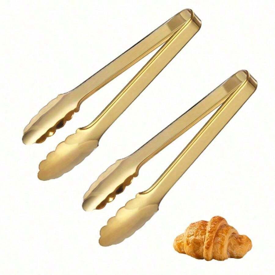 1/2pcs Champagne Golden Stainless Steel Serving Tongs, 9" Easy Grip - Perfect For Buffet & Parties - 金-1件 - 查看 1
