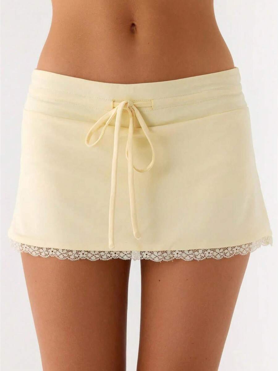 Women Skirt Y2K 00s Coquette Aesthetic Low Waist Drawstring Lace Trim Mini Short Summer Vacation Daily Streetwear Going Out - 黃色 - 查看 1