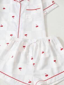 Cherry Print Women's Bubble Crinkle Short Sleeve Shorts Pajama Set - Apricot - View 6