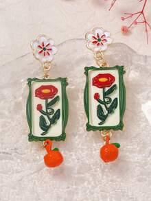 一对优雅复古合金印花花卉吊坠耳环，适合女性日常、休闲、度假和送礼佩戴 - 復古花朵 - 查看 3