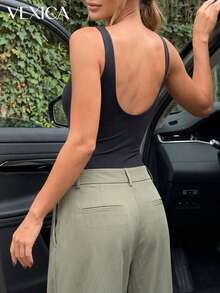 Áo liền thân nữ Vexica màu đen gợi cảm, thanh lịch, cổ vuông, không tay, dây bản rộng, ôm sát, thích hợp cho các buổi tiệc mùa hè. - màu đen - Xem 2
