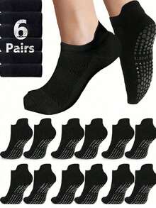 6 paires de chaussettes de yoga pour femmes, chaussettes courtes professionnelles antidérapantes pour toutes les saisons. Chaussettes pour le pilates, la fitness, la danse et les sports. Chaussettes pour adultes pour le sol, 3 couleurs - Noir - Voir 4