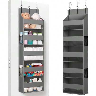 Organizador para Colgar sobre la Puerta, 5 Estantes Transparentes para Colgar en la Ventana con 4 Bolsillos Laterales de Malla, Carga de 18kg, para Baño, Dormitorio, Cocina, 1 Paquete, Gris,44477527