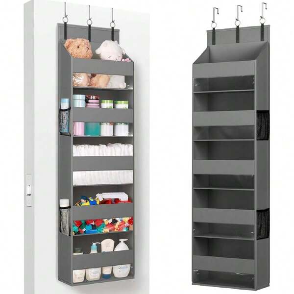 Organizador para Colgar sobre la Puerta, 5 Estantes Transparentes para Colgar en la Ventana con 4 Bolsillos Laterales de Malla, Carga de 18kg, para Baño, Dormitorio, Cocina, 1 Paquete, Gris,44477527