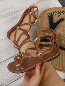 Women's Summer New High-Top Open Toe Lace-Up Design Hollow Out Rivet Inlaid Comfortable Fashion Casual Roman Sandals,Beach Shoes - Brown - View 7