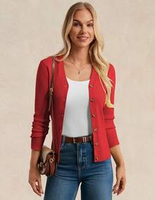 Women's Long Sleeve Button Up Cardigan Sweaters Ribbed Knit Open Front Casual - Red - View 2