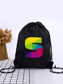 1pc Geometric Colorblock A-Z Letter Drawstring Backpack, Rainbow Letter Print Cinch Bag, Lightweight Sports Fitness Travel School Backpack - Black - View 5