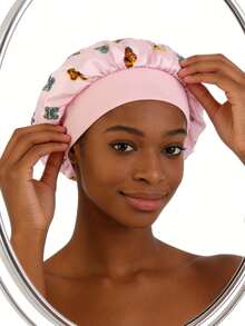 1pc Silk Satin Butterfly Print Sleep Cap/Shower Cap, Suitable For Curly/Straight/Braided Hair, Unisex - Multicolor - View 11