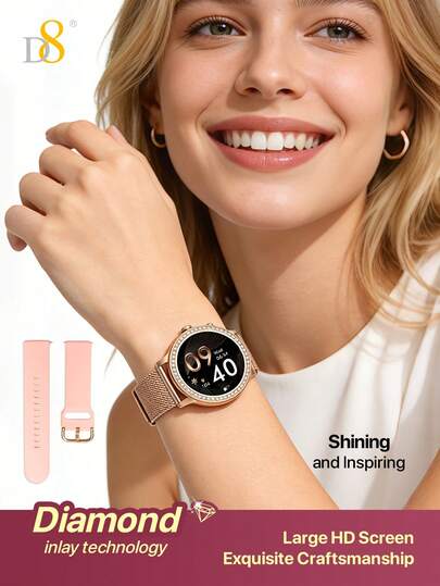 D8 Smartwatch Women, Answer Make Call Smart Watch, 1.32 Inch HD Touch Screen Ladies Watch, Diamond Embellished Bezel Luxury Women Smartwatch, IP68 Waterproof Fitness Watch, 100+ Sport Modes Activity Tracker, Pedometer Calorie Counter Sleep Monitor, Heart Rate Blood Oxygen Monitor, Smart Watch For Android IOS