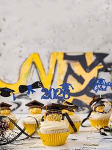 12pcs Congrats Grad 2026 Cake Toppers - Graduation Diploma & Cap Cake Decorations For High School, College 2026 Graduation Party - Blue Black - View 5