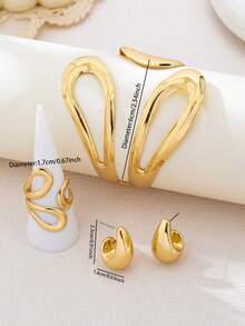 4pcs/Set Fashionable Metal Geometric Hollow Water Drop Shaped Ring, Bracelet, Earring Jewelry Set For Women - Geometric Teardrop Jewelry Set - View 4