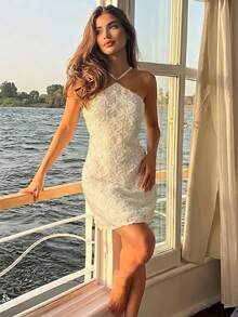 Women's Elegant White 3D Floral Halter Neck Bodycon Mini Dress, Summer Vacation Beach Party Dress - Apricot - View 3