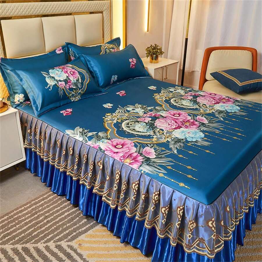 Bộ 3 món ga trải giường bằng vải chiffon in hoa ren (1 ga trải giường + 2 vỏ gối), bộ đồ giường thoải mái, chống trơn trượt, phù hợp cho phòng ngủ và phòng khách, có thể giặt máy, dùng được cả bốn mùa. - Cuộc sống giàu sang và danh vọng - Xem 1