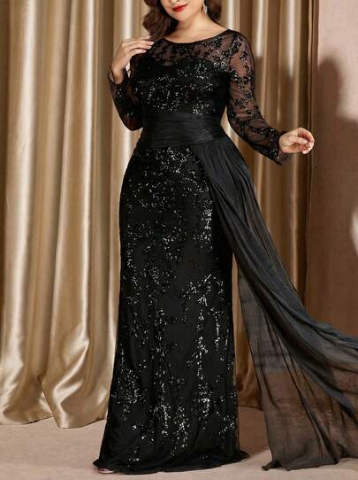 Voworia 高品质弹力优雅亮片拼接超修身圆领长袖塑形设计飘逸面料美人鱼裙摆修身大码正式礼服，适合晚宴、结婚纪念日、家庭正式晚宴、新娘礼服、生日庆典、奢华高端新娘母亲礼服（缀饰繁复）春季黑色