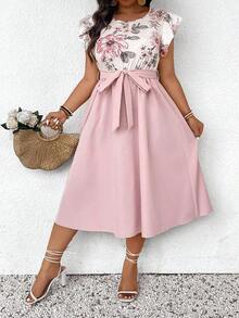 SHEIN Frenchy Plus Size Women Floral Print Round Neck Cap Sleeve Elegant Dress, Summer Vacation - 黑色 - 查看 9