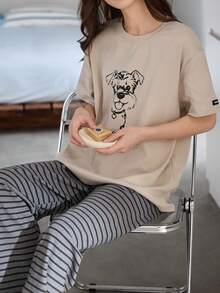 2pcs Women's Pajama Set, Summer Breathable Casual Short Sleeve & Long Pants Cartoon Homewear - Grey - View 5