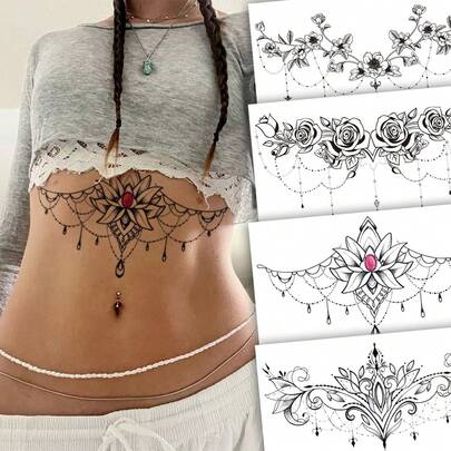 4 Sheets Under Breast Thigh Straps Body Art Temporary Tattoo Stickers For Women, Black Flower Jewelry Lace Totem Style Pattern, Waterproof Fake Tattoo, Lasts 2-5 Days, Covering Scars,Can Be Used On Arms Wrist Shoulders Legs Waist Neck Hand Chest Thighs,Suitable For Parties, Gifts, Vacations, Body Decoration Summer Beach Swimsuit Matching