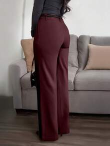Jessefine 纯色拉链口袋西装面料直筒裤，无腰带，优雅百搭，适合通勤、办公、休闲穿着，春夏皆宜。 - 酒紅色 - 查看 3