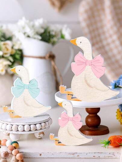 3pcs Blue & Pink Wooden Bowknot Funny Goose Decorations, Interesting Dining Table Centerpiece, Baby Shower Party Favors