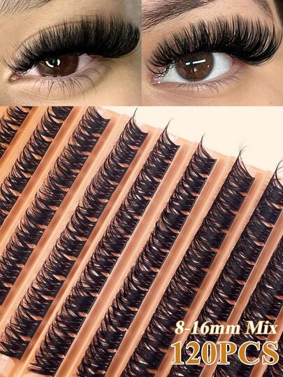 170/120/110片D型卷翘蓬松自然浓密预粘单根假睫毛，长度8-16毫米，厚度0.07毫米，D型卷翘超轻包装，10排防水仿貂毛3D立体贴合眼型，持久耐用，DIY手工制作，适合淡妆、浓妆及日常场合，便携易用，适合日常佩戴或外出。