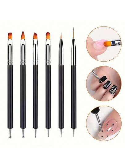 6pcs Double-Ended Nail Art Pen And Dotting Diamond Pen Set, Black Nail Design Tool Set, Nail Art Pen, French-Style Pen, Outlining Pen, Gel Nail Polish Extension Pen, Nail Art Salon And Home DIY Nail Art Tools