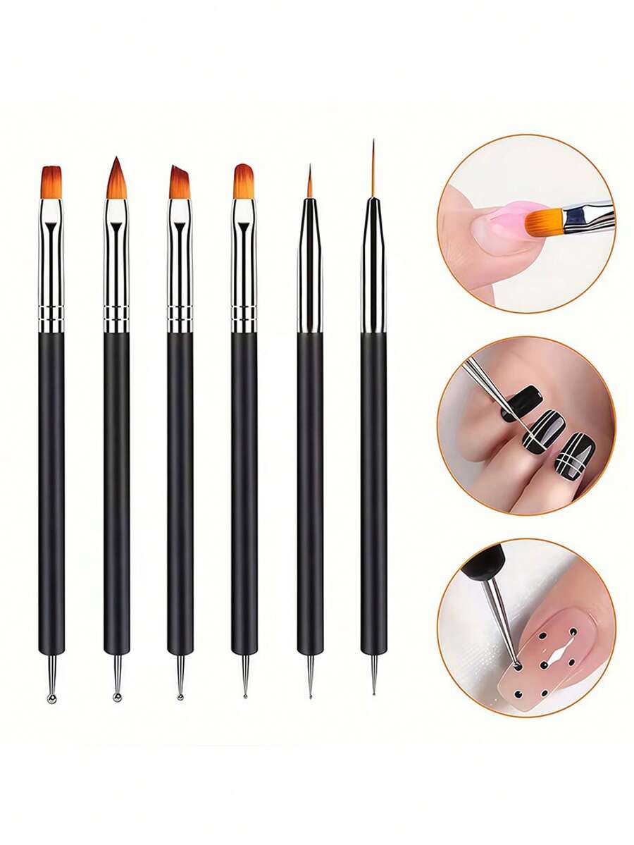 Bộ 6 bút vẽ móng hai đầu và bút chấm kim cương, bộ dụng cụ thiết kế móng màu đen, bút vẽ móng, bút kiểu Pháp, bút viền, bút nối dài sơn gel, dụng cụ làm móng chuyên nghiệp tại nhà và salon. - màu đen - Xem 1